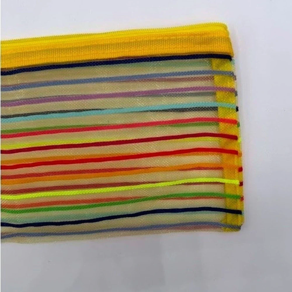 Rainbow Striped Mesh Zipper Pouch Pencil Case Cosmetic Bag Yellow Back To School
